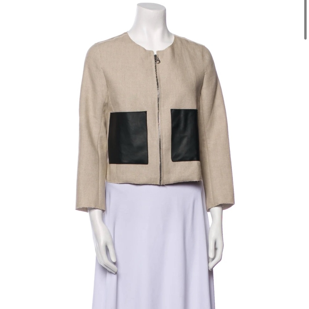 Sandro Beige Linen + Black Leather Pocket Jacket